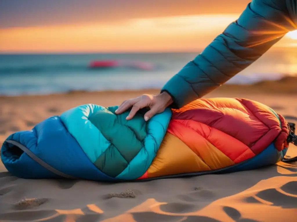 Persona reparando detalladamente un saco de dormir para acampar en una playa de Uruguay al atardecer