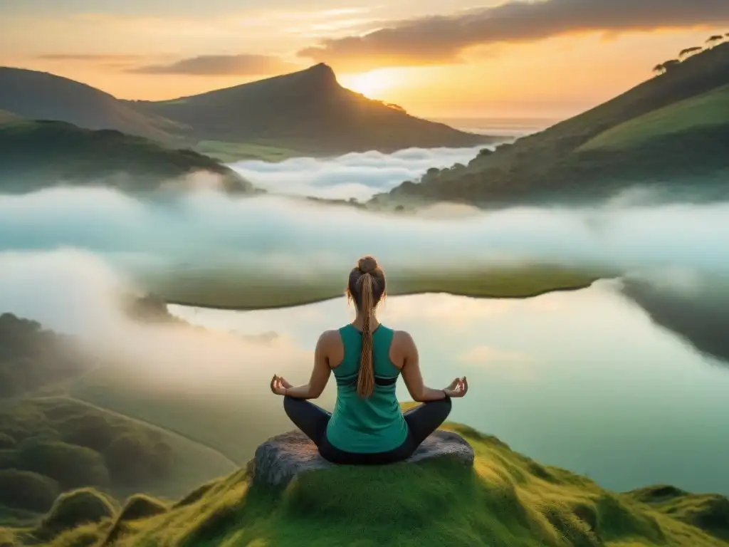 Persona practicando yoga al atardecer en Uruguay, reflejando serenidad en lago