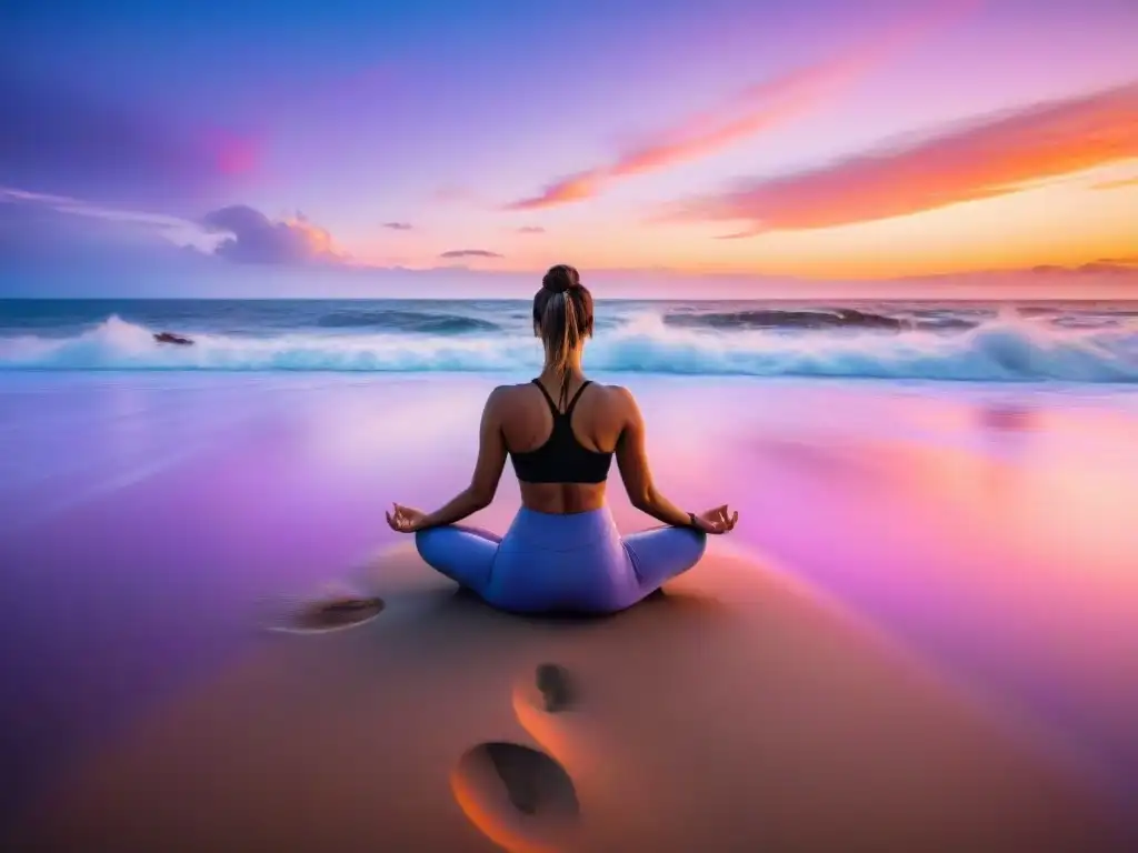 Persona practicando yoga en playa uruguaya al atardecer, rodeada de olas y cielo anaranjado, reflejando experiencias únicas meditación Uruguay