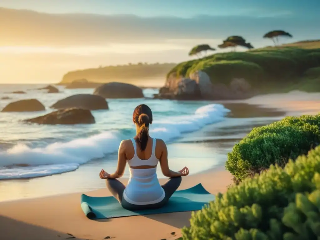 Persona practicando yoga en una playa de Uruguay al atardecer, con una atmósfera de paz y meditación