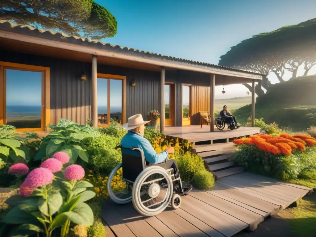 Inclusión y alegría en cabaña accesible en Uruguay Personas disfrutando de una cabaña accesible en Uruguay, con jardín colorido y rampa para silla de ruedas
