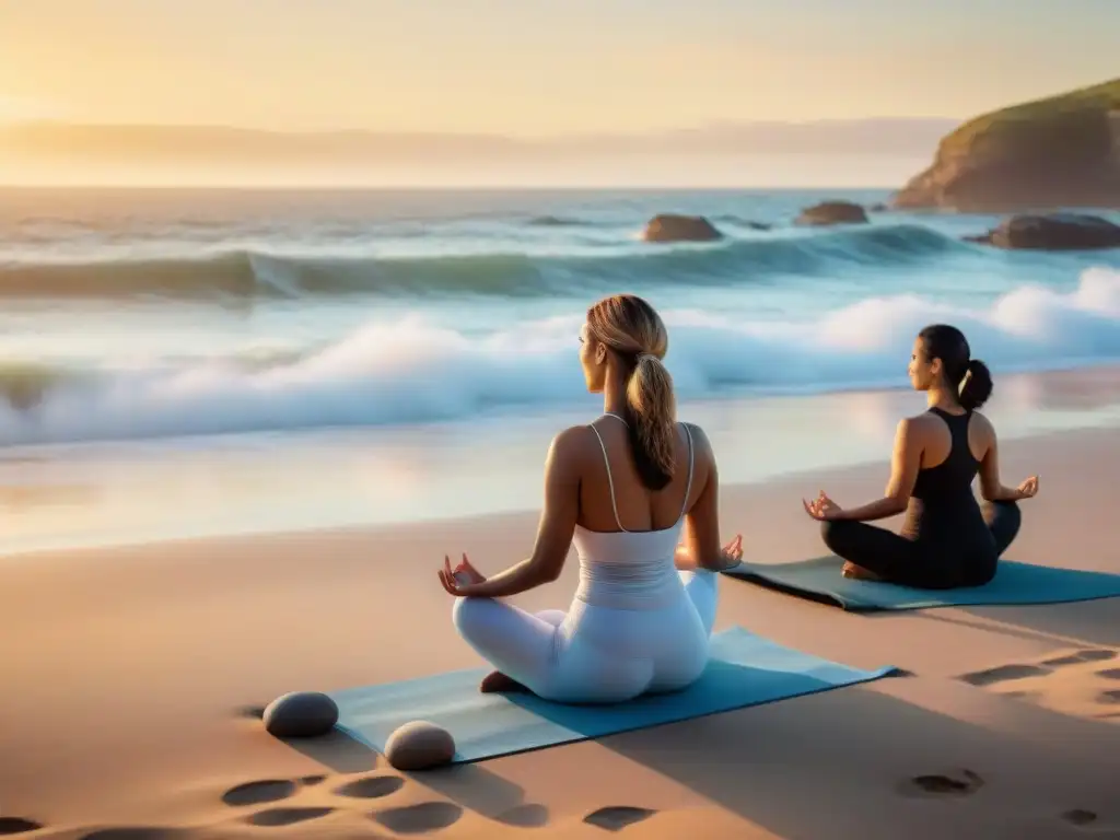 Personas diversas practicando yoga en la playa de Uruguay al atardecer, transmitiendo paz y serenidad