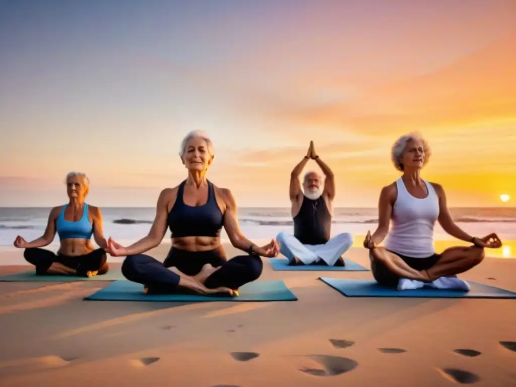 Personas mayores practicando yoga en la playa al atardecer en Uruguay, reflejos del cielo en el mar