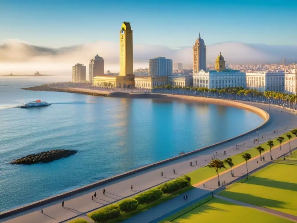 Personas practicando salud y fitness en Montevideo al amanecer en la Rambla, junto al Río de la Plata