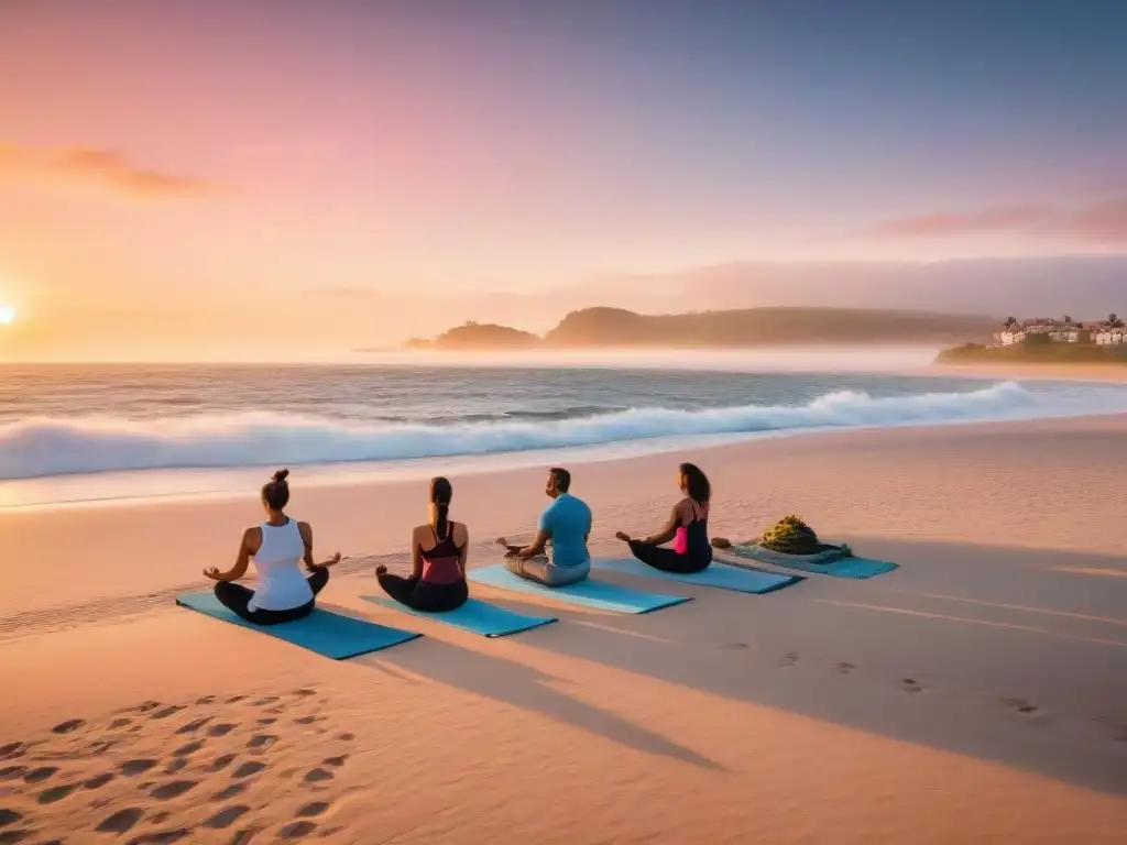 Personas practicando yoga al atardecer en una playa de Uruguay