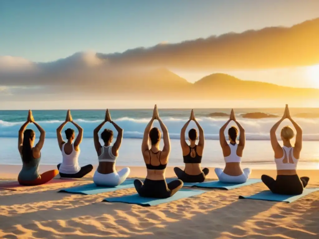 Personas practicando yoga en una playa serena de Uruguay al atardecer, rodeados de naturaleza, en un eco retiro de yoga sostenible en Uruguay