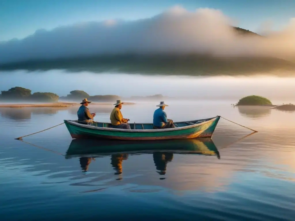 Pesca artesanal en Uruguay rural: pescadores locales en botes de madera lanzando redes al amanecer en Laguna Garzón