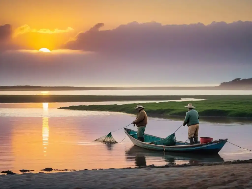 Pesca artesanal en Uruguay rural: pescadores locales lanzando redes al atardecer en un río sereno