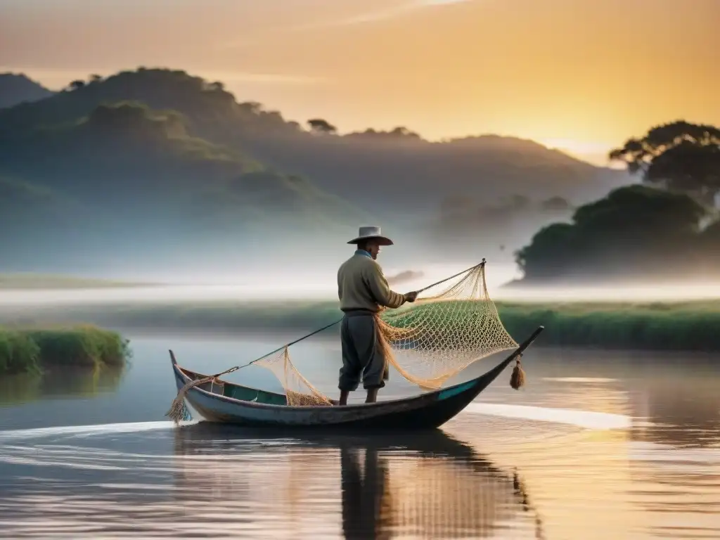 Pesca artesanal sostenible en Uruguay: pescador en bote de madera, lanzando red al río al amanecer, bajo luz dorada