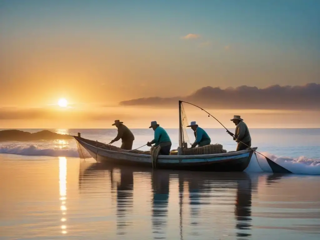 Pesca artesanal sostenible en Uruguay: pescadores trabajando juntos al amanecer en un bote de madera tradicional, lanzando redes en el mar tranquilo