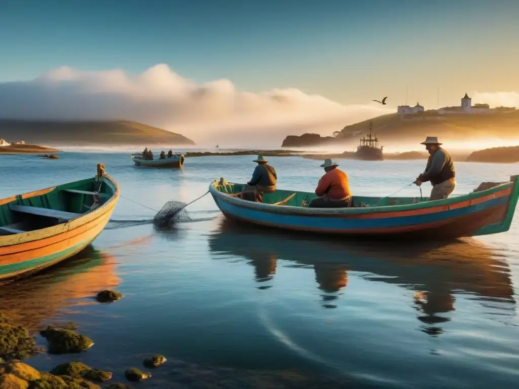 Pesca artesanal sostenible en Uruguay: pescadores uruguayos lanzan redes desde su barco al amanecer, rodeados de naturaleza y comunidad