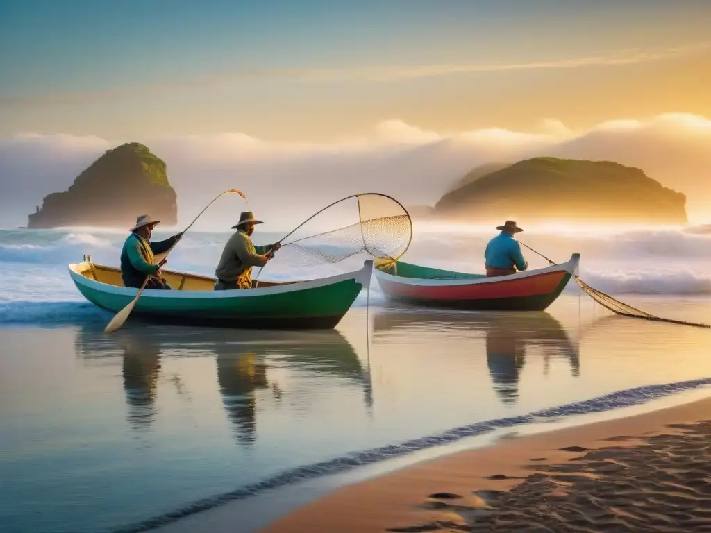 Pesca artesanal sostenible en Uruguay: pescadores tradicionales lanzando redes al amanecer en el Atlántico