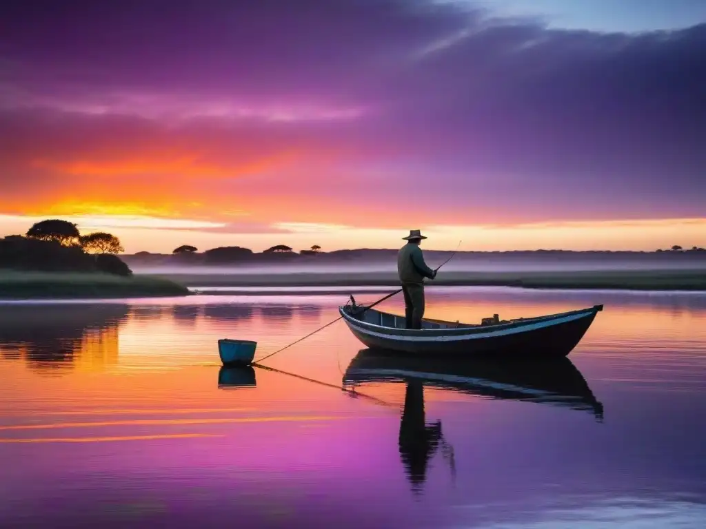 Pesca al atardecer en Uruguay: pescador en bote tradicional bajo un vibrante cielo de fuego sobre el río