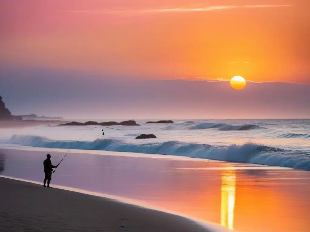 Pesca al atardecer en Uruguay: pescadores lanzan sus líneas al mar en una playa tranquila al atardecer, bajo un cielo naranja y rosa vibrante