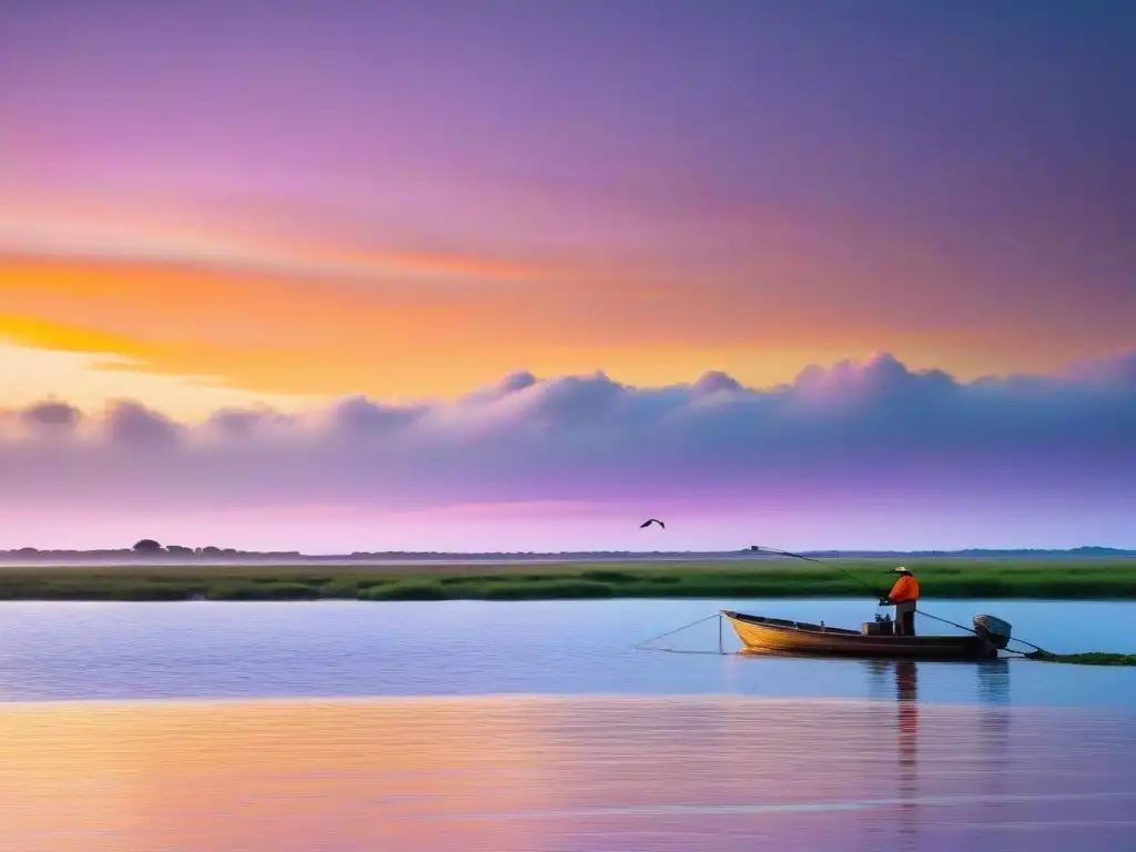 Pesca al atardecer en Uruguay: pescadores disfrutan de la serenidad del Río de la Plata bajo un cielo colorido y gaviotas revoloteando