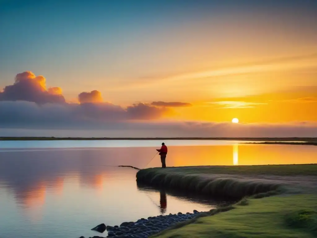 Pesca al atardecer en Uruguay: pescador solitario lanzando su anzuelo con el río y el cielo iluminados por el cálido atardecer