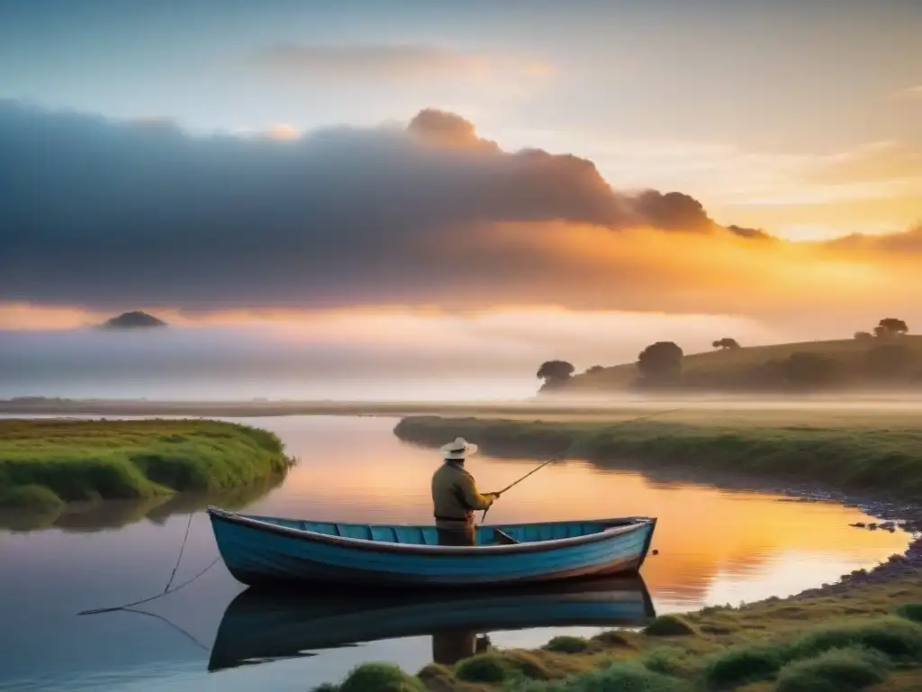 Pesca al atardecer en Uruguay: pescador solitario en un río tranquilo, bajo un cielo colorido iluminado por el sol poniente