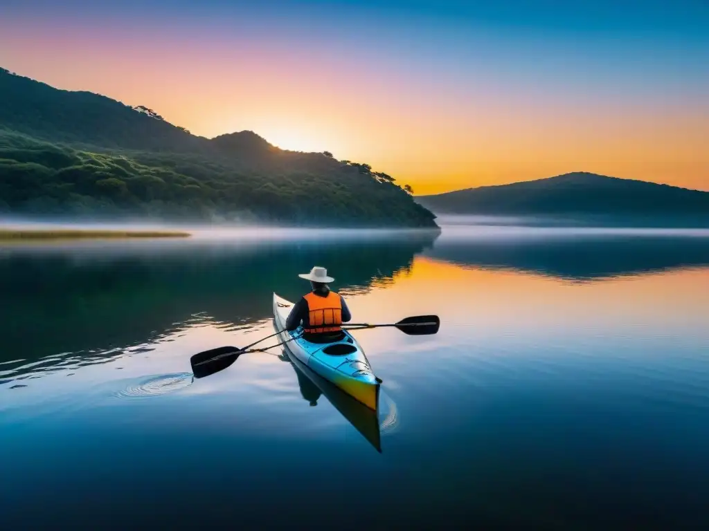 Pesca en kayak en Uruguay: Amanecer colorido en Laguna Garzón con pescador solitario y sereno en el agua tranquila