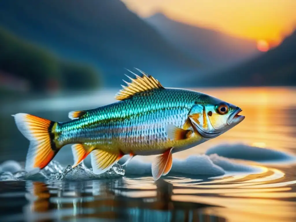 Fotografía de pesca deportiva captura la belleza de un pez saltando en el amanecer sobre un lago sereno