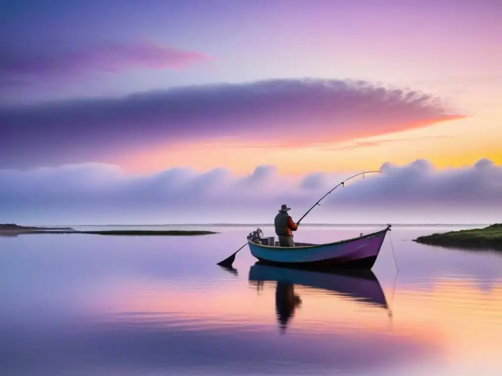 Pesca deportiva en Uruguay sin contratiempos: amanecer sereno en un pintoresco spot de pesca, agua tranquila y bote de pescador solitario