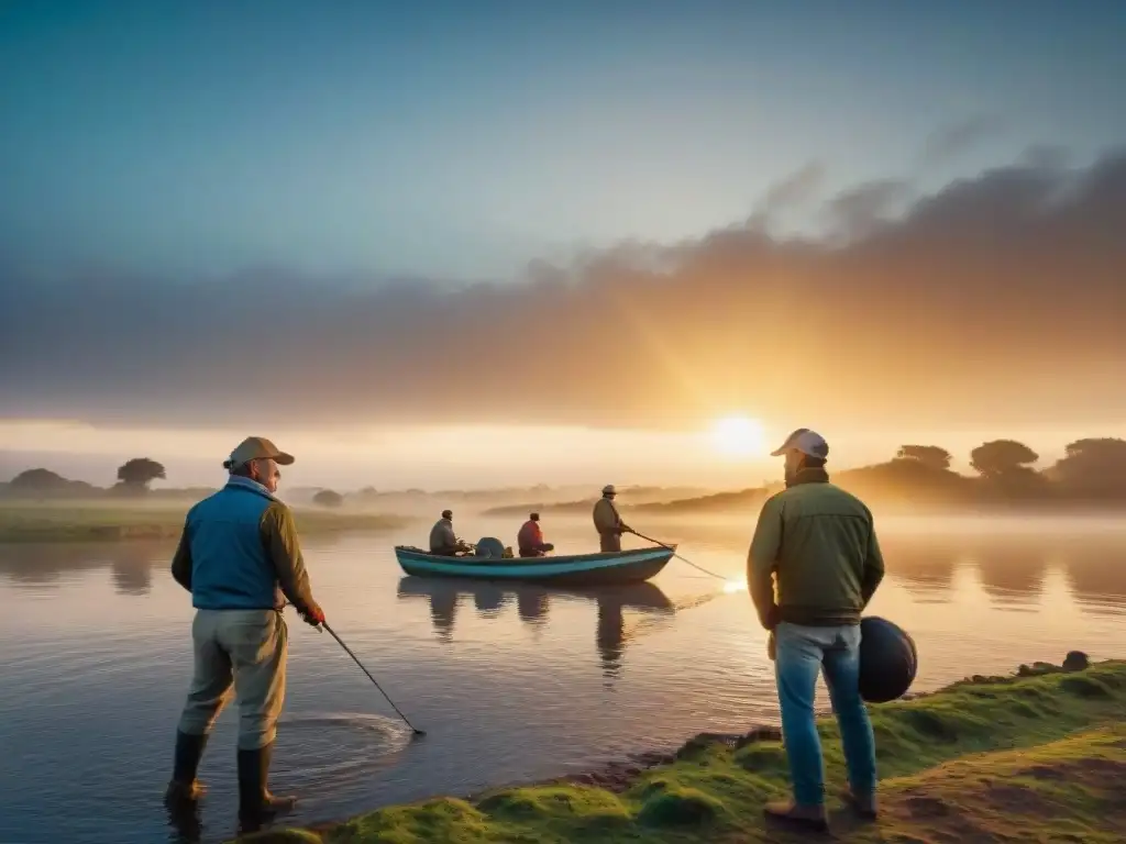 Pesca deportiva en Uruguay: pescadores locales reeligen peces coloridos al atardecer junto al río sereno