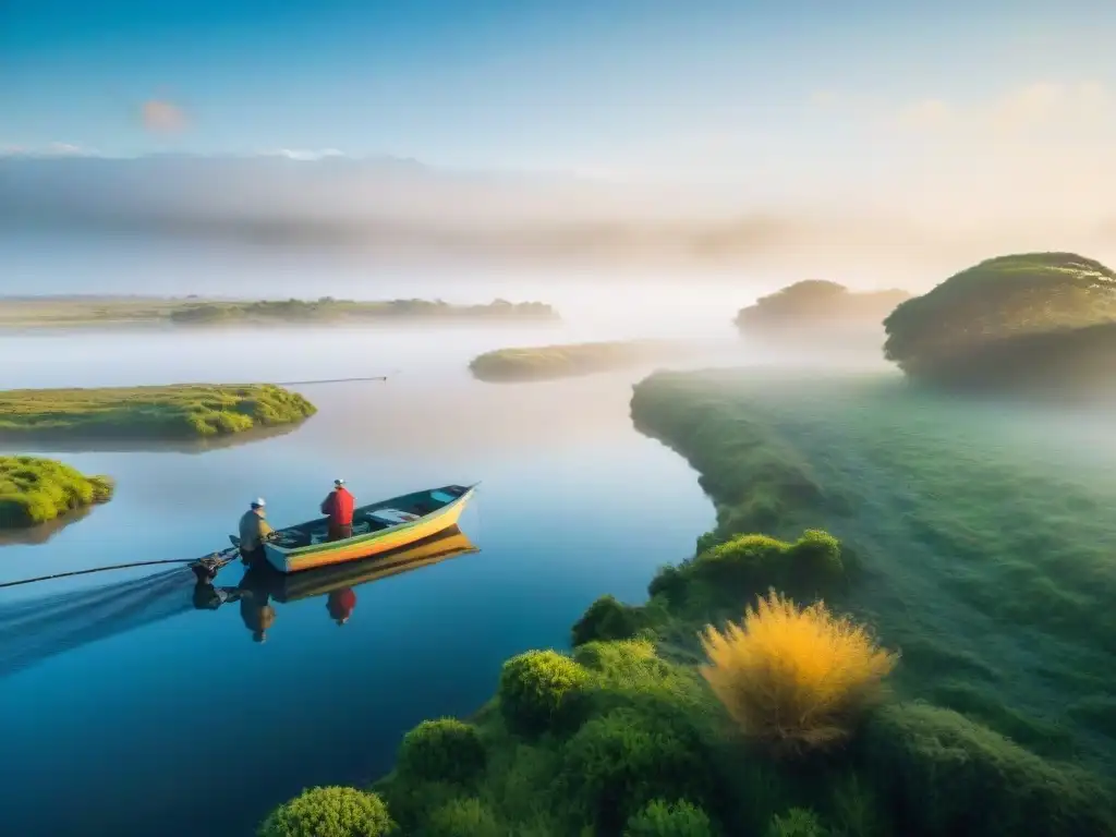 Pesca deportiva en Uruguay: pescadores al amanecer en un río tranquilo, bajo la luz dorada, transmitiendo serenidad y tradiciones