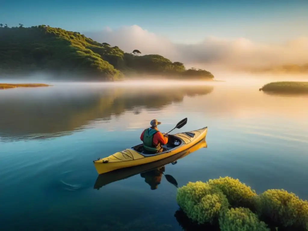 Pesca en kayak al amanecer en Laguna Garzón, Uruguay: un pescador lanza su anzuelo en aguas tranquilas bajo un cielo vibrante