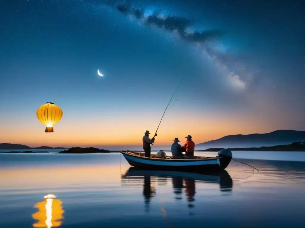 Pesca nocturna en Uruguay: pescadores en barco iluminados por linternas bajo la luna y estrellas