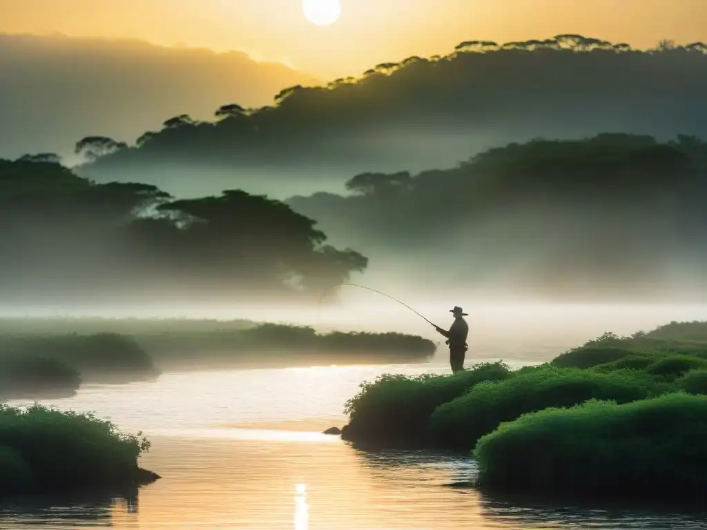 Pesca en el Río Uruguay: pescador solitario al amanecer, en un entorno sereno y natural