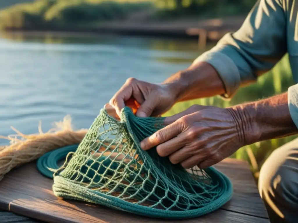 Un pescador artesanal uruguayo preparando una red a mano en un río sereno al amanecer