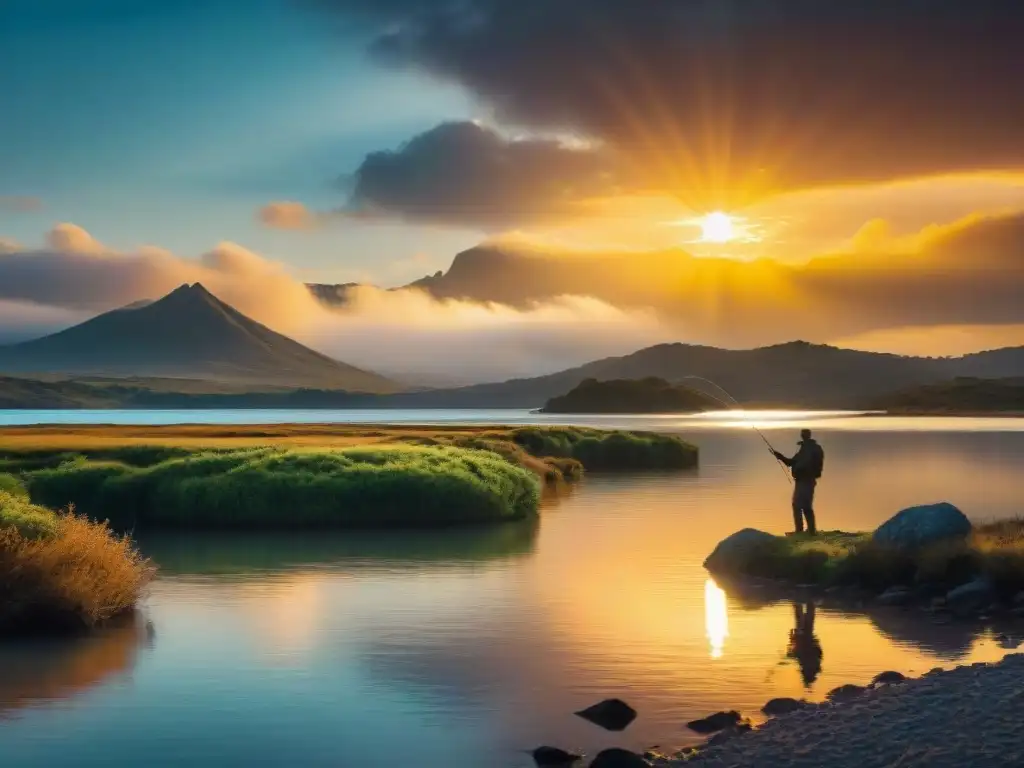 Un pescador disfruta del atardecer en Laguna Garzón, Uruguay