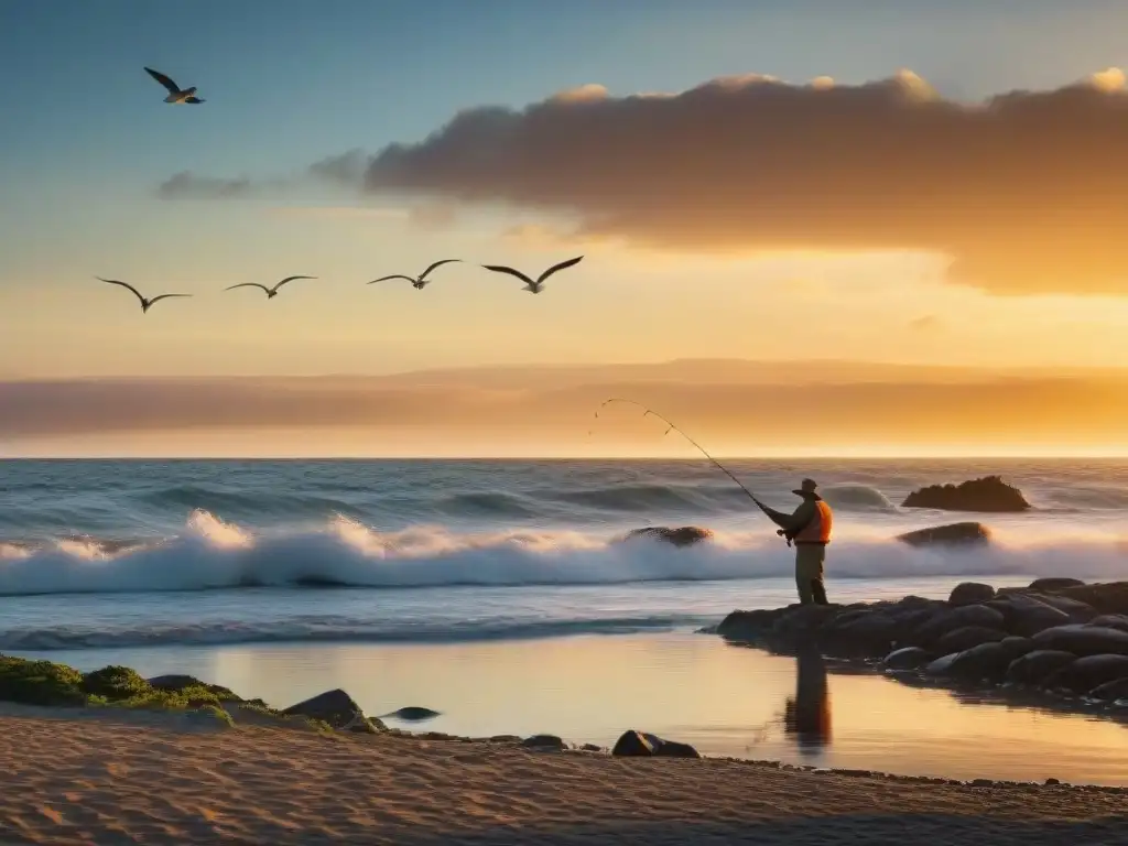 Pescador en la costa de Uruguay lanzando su anzuelo al mar al atardecer, reflejando la belleza serena