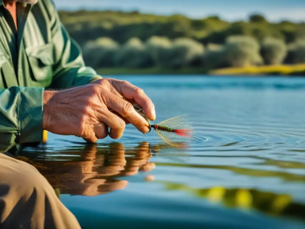 Un pescador experimentado atando una mosca detallada en Uruguay