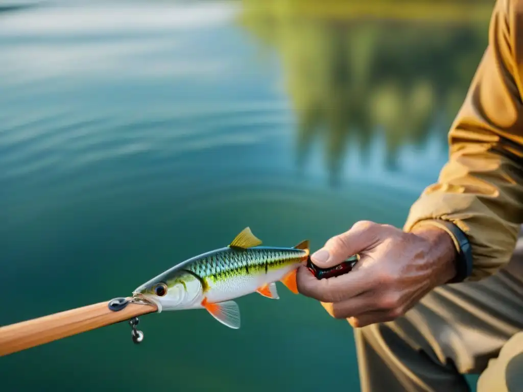 Un pescador experto preparando su anzuelo con destreza en un paisaje de río sereno