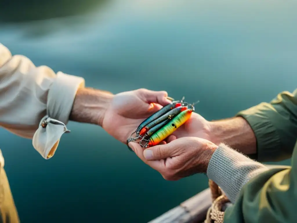 Un pescador experto y dedicado atando un señuelo de pesca con destreza junto a un río tranquilo al amanecer