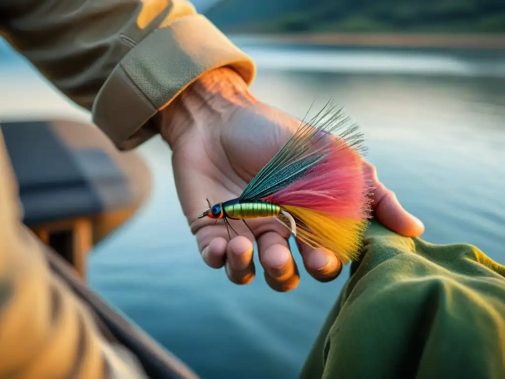 Un pescador experto en Uruguay ata con destreza una mosca de pesca vibrante en un río al amanecer