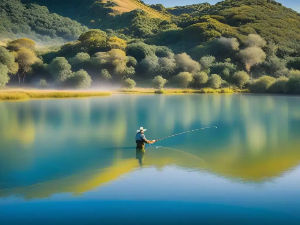 Un pescador experto lanzando su línea en un lago de Uruguay, mostrando la destreza y precisión en la pesca deportiva