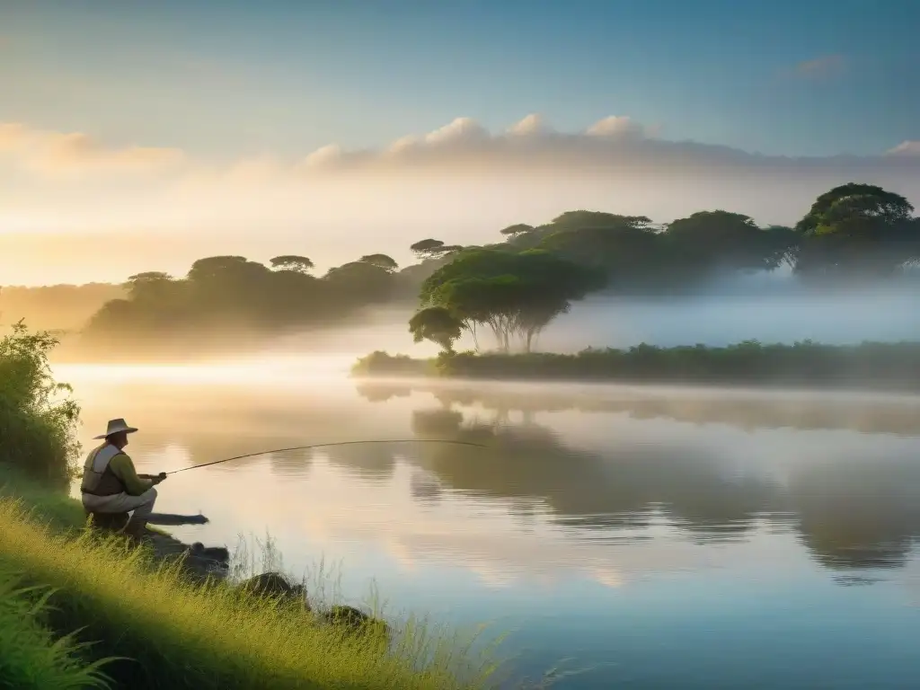 Un pescador experto disfruta del amanecer en el Río Uruguay, rodeado de naturaleza exuberante y la serenidad del agua