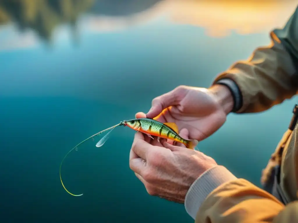 Un pescador experto atando un señuelo con manos curtidas junto a un lago al atardecer