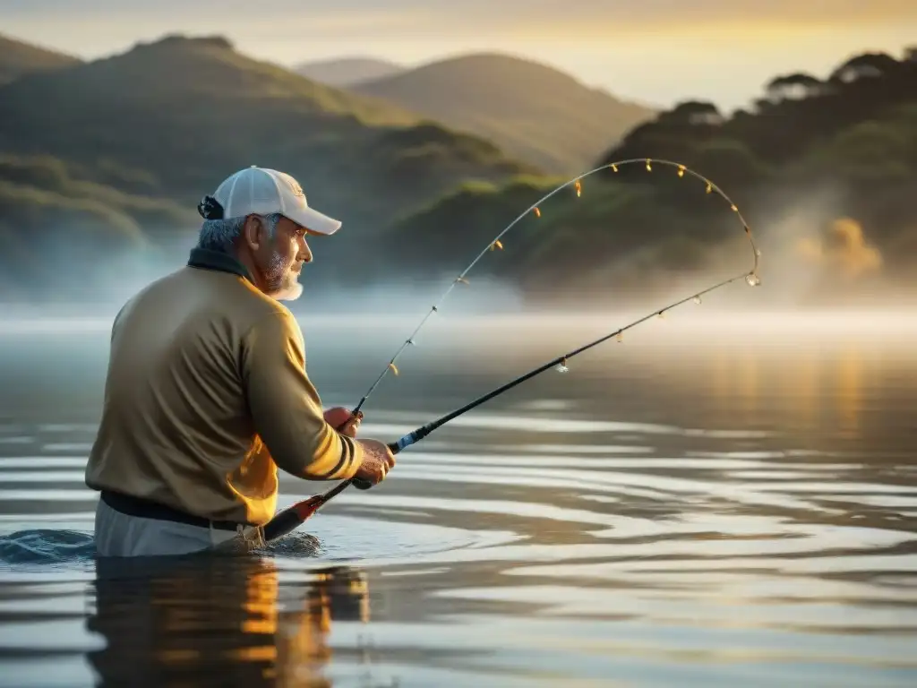 Un pescador experto mejora su técnica de pesca deportiva en Laguna Garzón, Uruguay