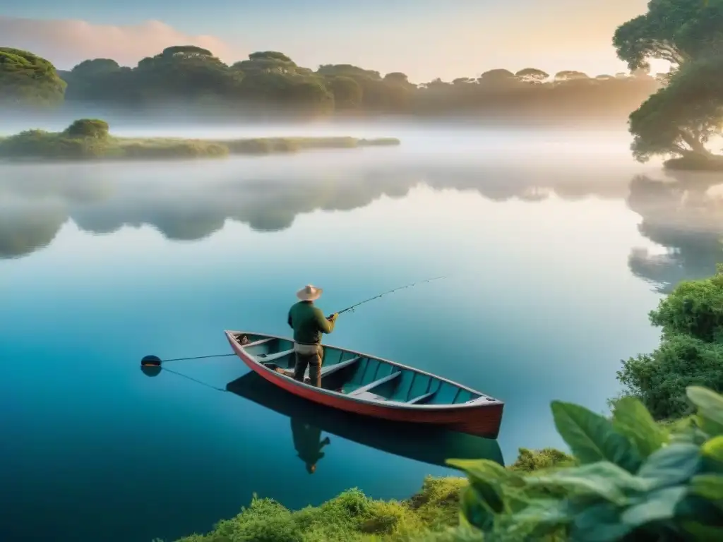 Pescador en lago sereno al amanecer en Uruguay, rodeado de naturaleza