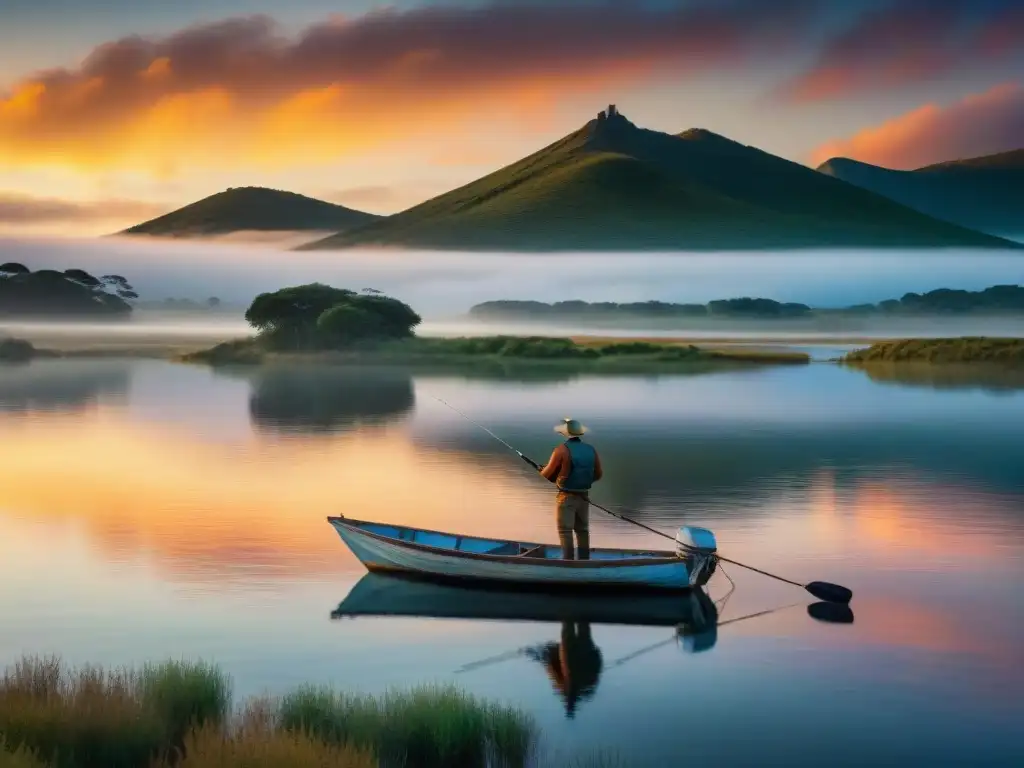 Pescador en Laguna Garzón al amanecer, reflejando la belleza de la pesca deportiva en Uruguay