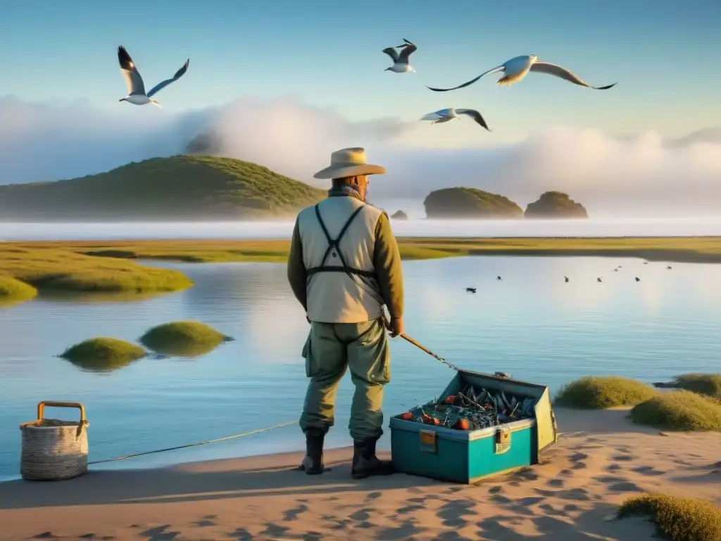 Un pescador al amanecer en Laguna Garzón, rodeado de equipamiento pesca deportiva Uruguay, lanzando su anzuelo con serenidad