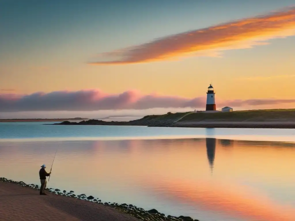 Pescador lanzando su línea en el Río de la Plata al amanecer, con el faro de Punta del Este al fondo