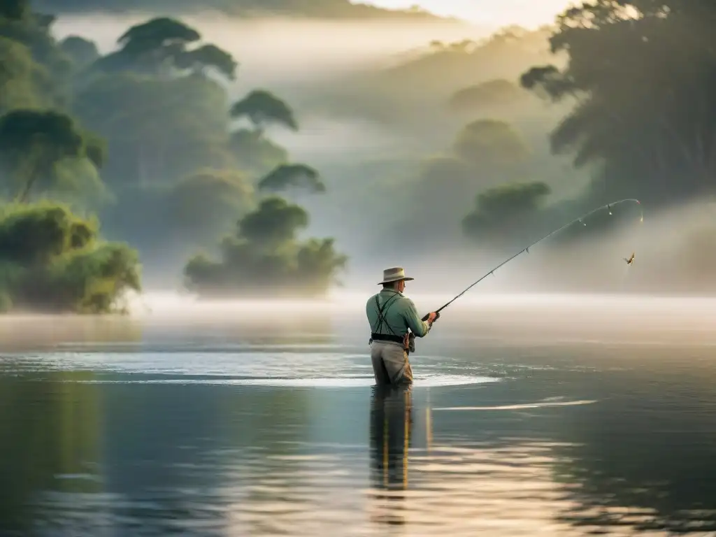 Un pescador con mosca experto en acción en el Río Negro de Uruguay al amanecer