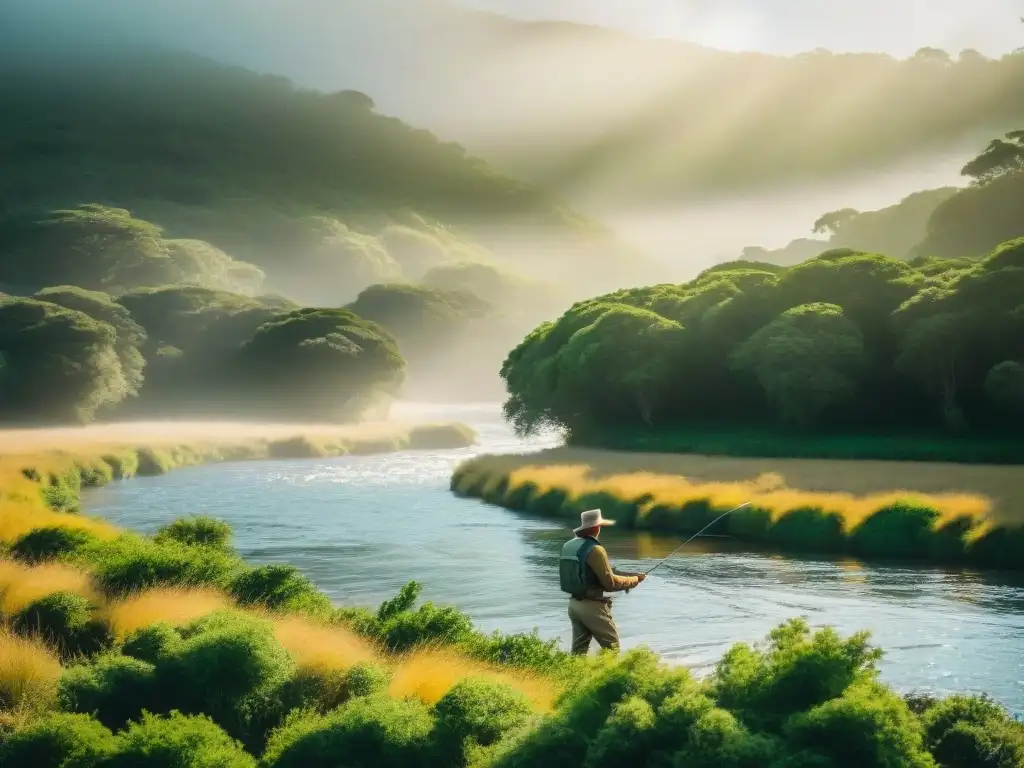 Un pescador con mosca en Uruguay disfruta de la serenidad de un río rodeado de exuberante vegetación