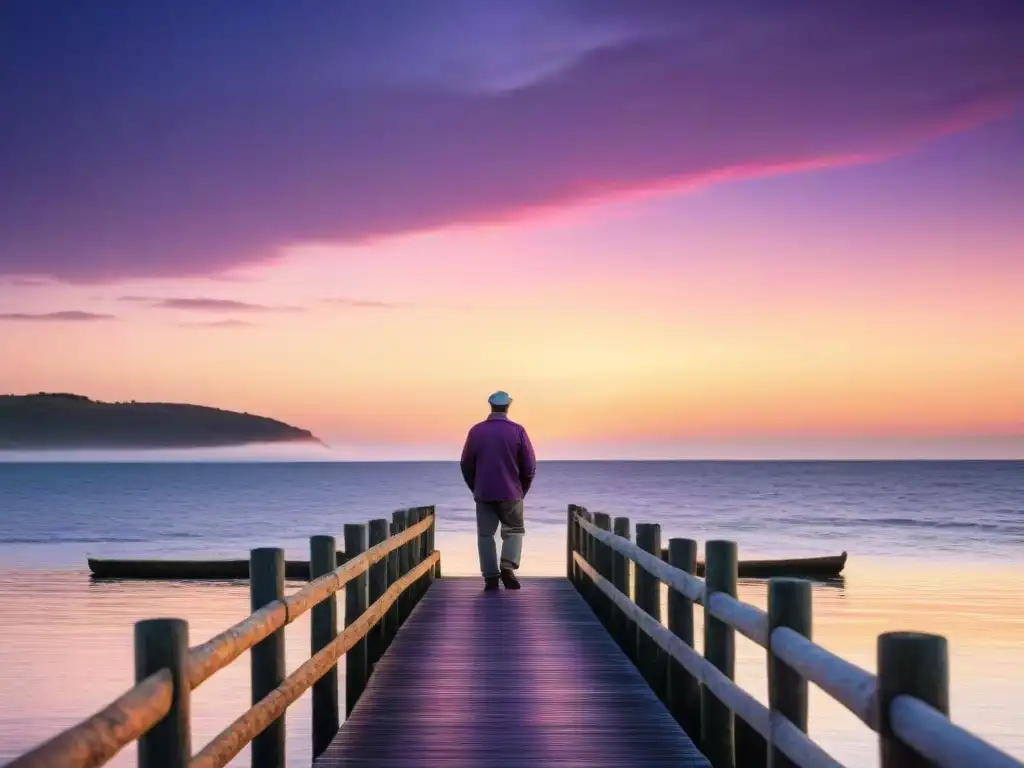 Pescador en muelle de madera al amanecer en Uruguay