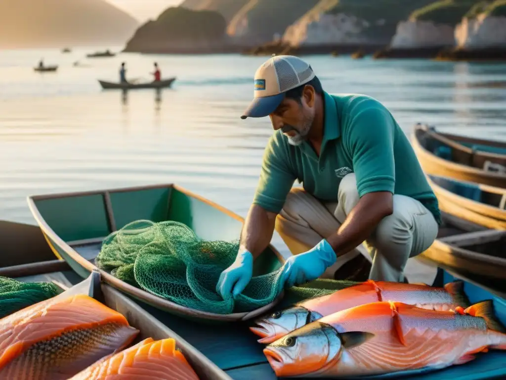 Un pescador de La Paloma preparando un salmón al atardecer en el Festival del Salmón La Paloma