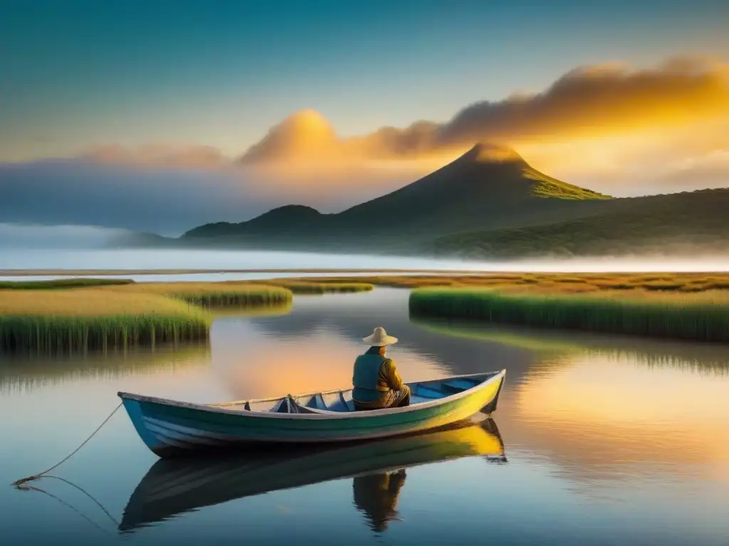 Pescador disfrutando la pesca deportiva en Uruguay naturaleza al amanecer en Laguna Garzón