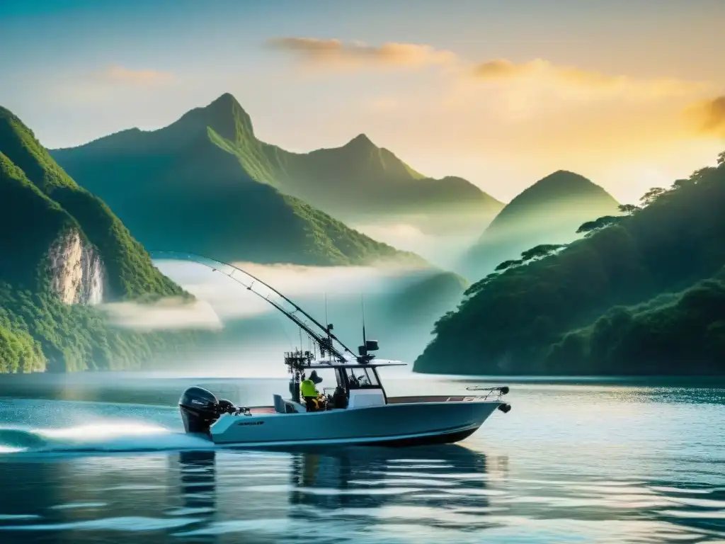 Un pescador profesional lanza su línea desde un lujoso barco de pesca deportiva con tecnología avanzada, bajo un atardecer vibrante